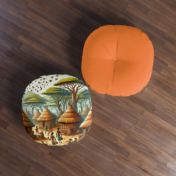 Floor Pillow, Tufted Round Floor Pillow, Reading Pillow, African Print Pillow, African Village