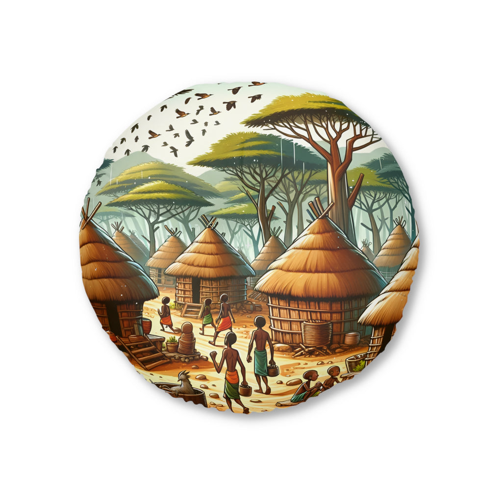 Floor Pillow, Tufted Round Floor Pillow, Reading Pillow, African Print Pillow, African Village