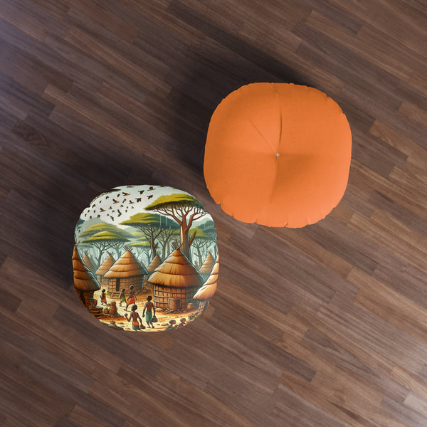 Floor Pillow, Tufted Round Floor Pillow, Reading Pillow, African Print Pillow, African Village