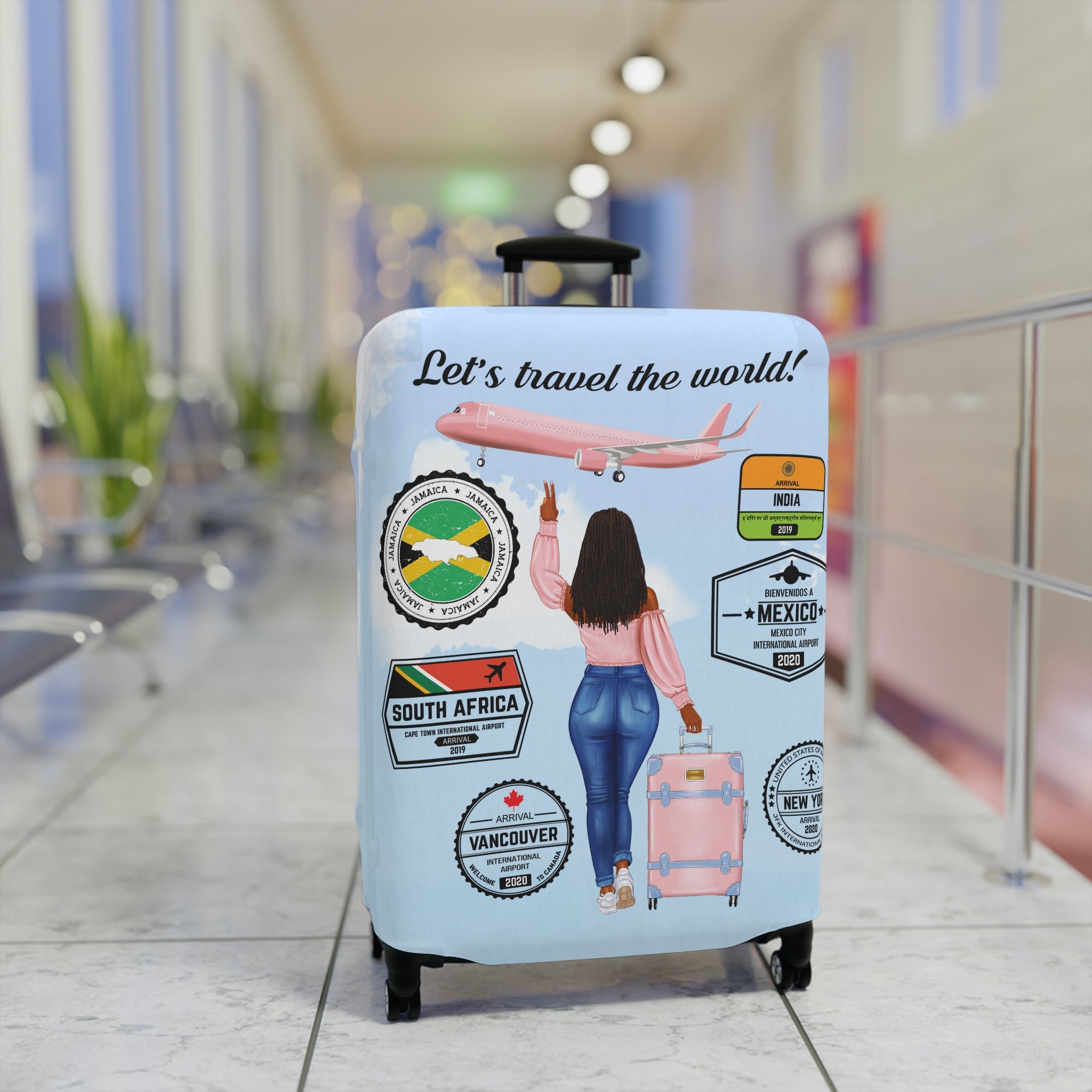 Travel Luggage Cover — "Let's Travel the World" Inspirational Passport Stamp Design