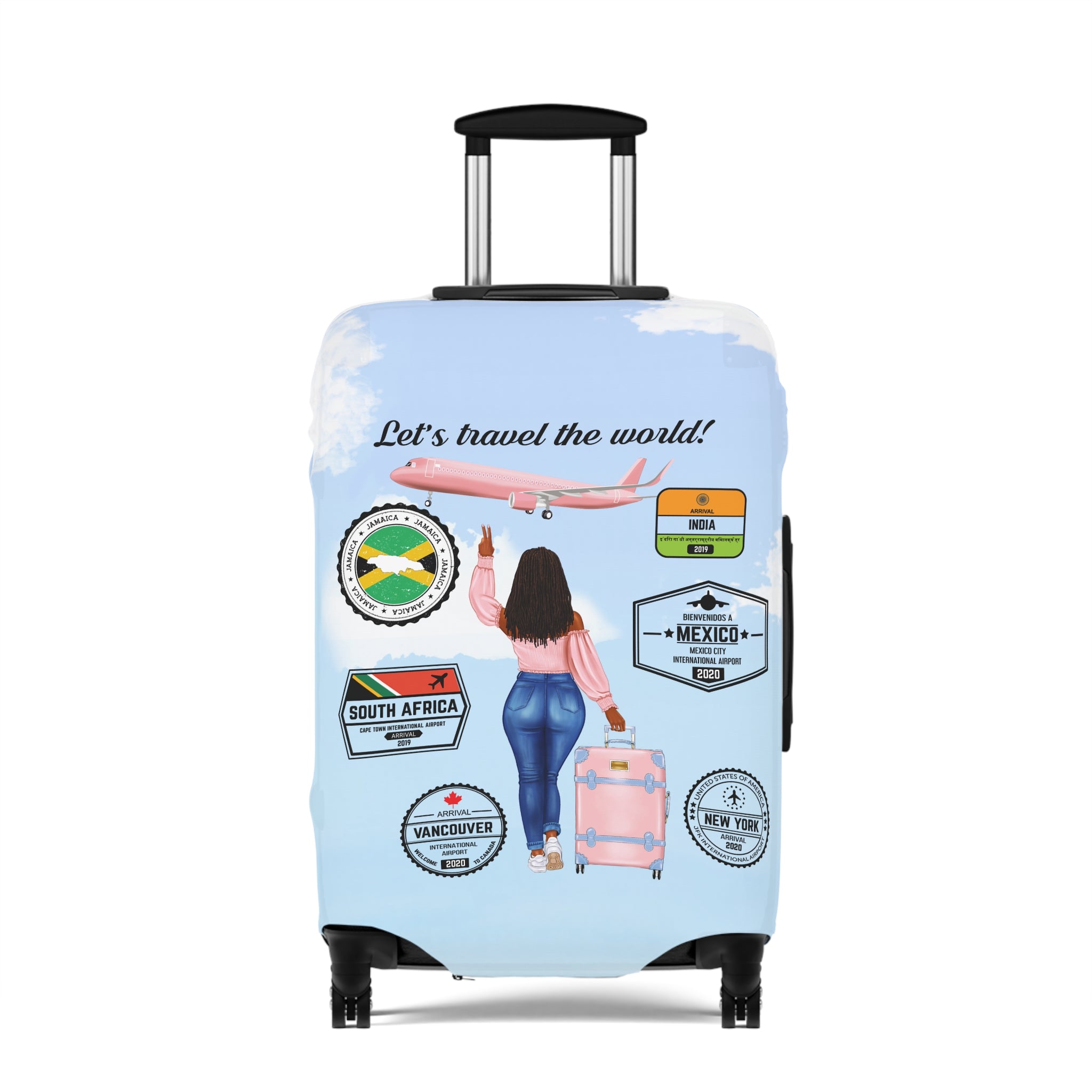 Travel Luggage Cover — "Let's Travel the World" Inspirational Passport Stamp Design