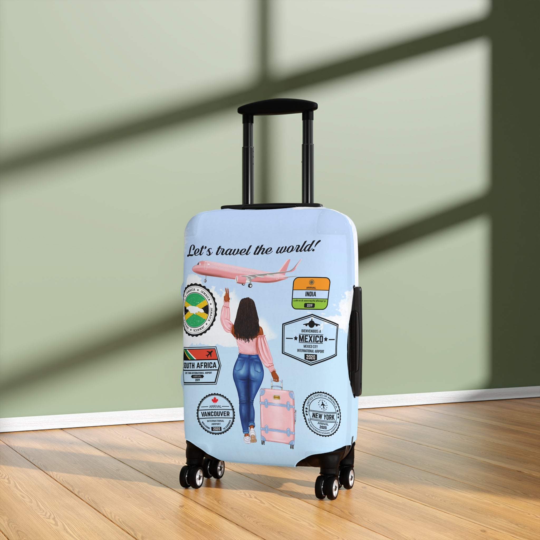 Travel Luggage Cover — "Let's Travel the World" Inspirational Passport Stamp Design