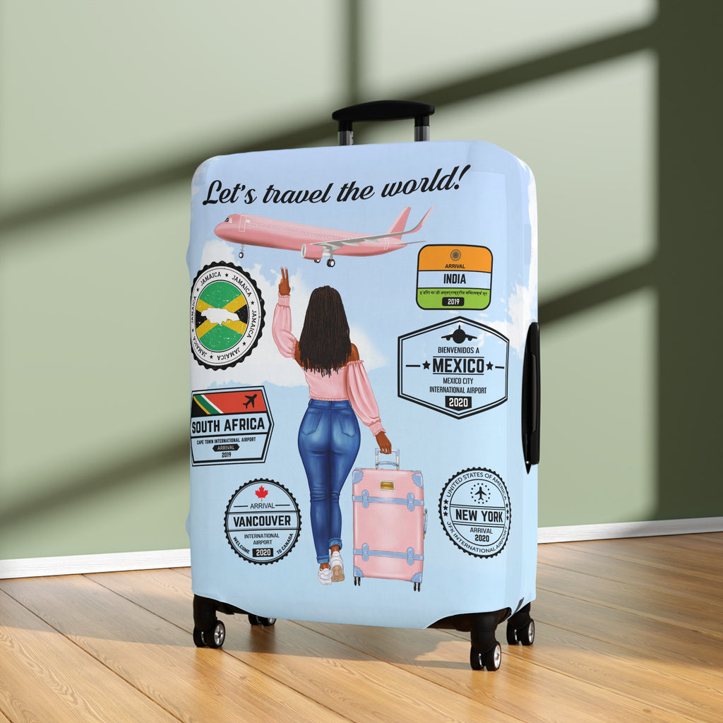 Travel Luggage Cover — "Let's Travel the World" Inspirational Passport Stamp Design