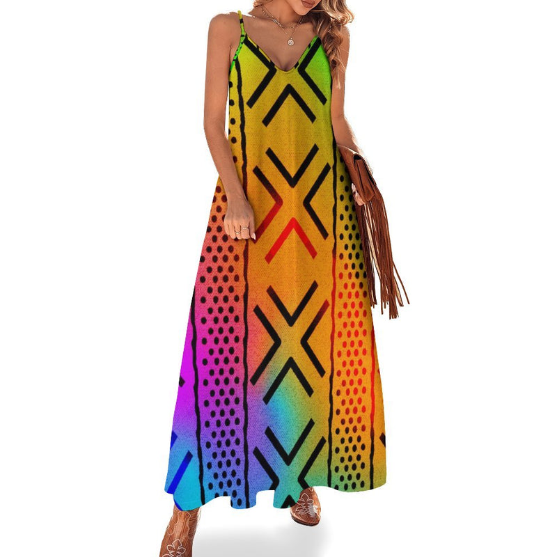 Spaghetti Strap Ankle-Length Dress, Rainbow African Print