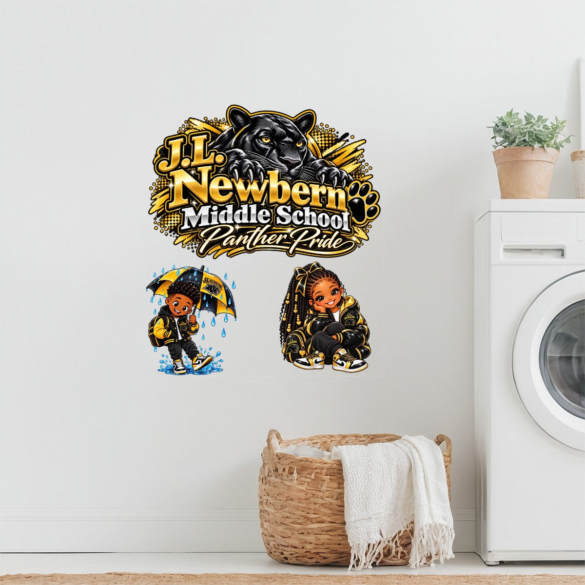 Small PVC Stickers (UV) 20"x24" Cheerful J.L. Newbern Rainy Day Sticker Chilly Days Warm Hearts Sticker Glossy BlackandGold School Spirit Girl J.L. Newbern Panther Pride Mascot