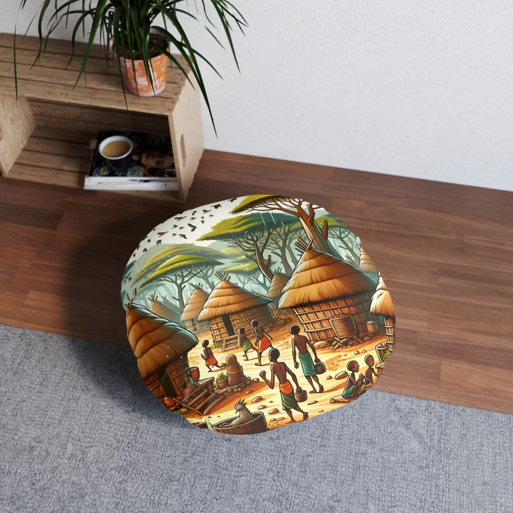Floor Pillow, Tufted Round Floor Pillow, Reading Pillow, African Print Pillow, African Village