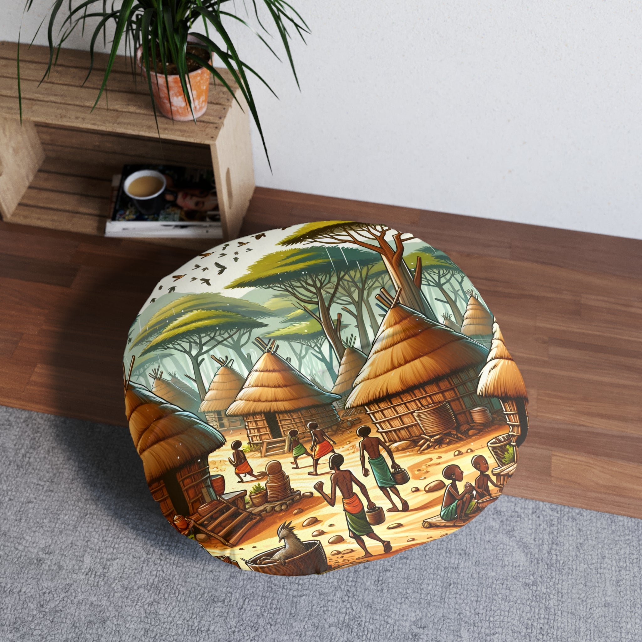 Floor Pillow, Tufted Round Floor Pillow, Reading Pillow, African Print Pillow, African Village