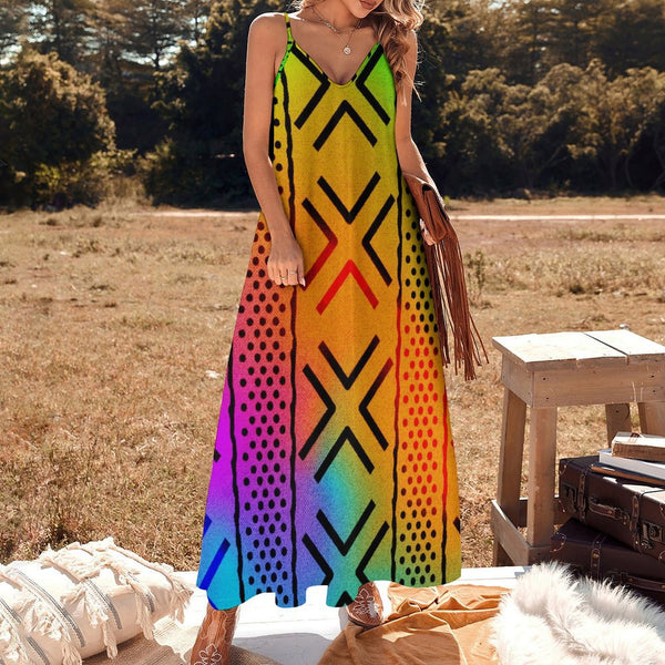 Spaghetti Strap Ankle-Length Dress, Rainbow African Print
