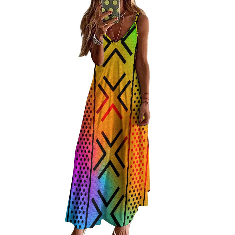 Spaghetti Strap Ankle-Length Dress, Rainbow African Print