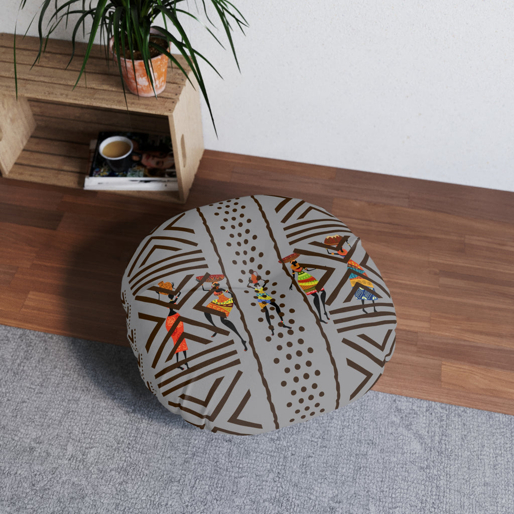 Tufted Floor Pillow, Round Floor Pillow, Reading Pillow, Bogolan African Print Pillow
