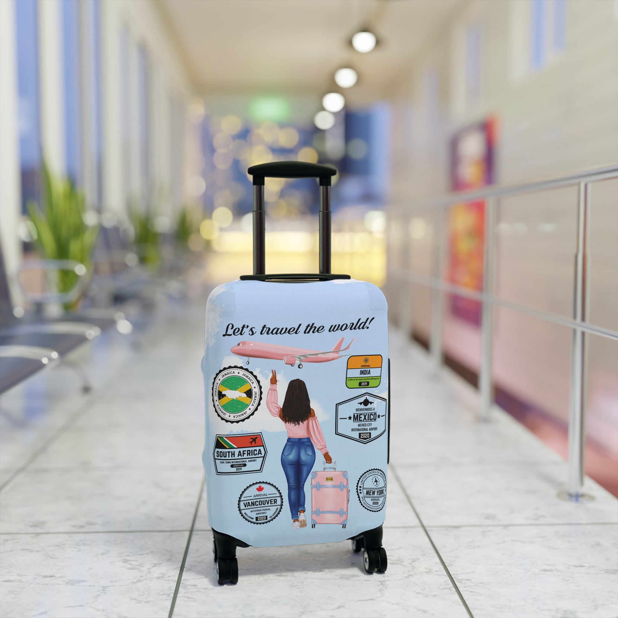 Travel Luggage Cover — "Let's Travel the World" Inspirational Passport Stamp Design