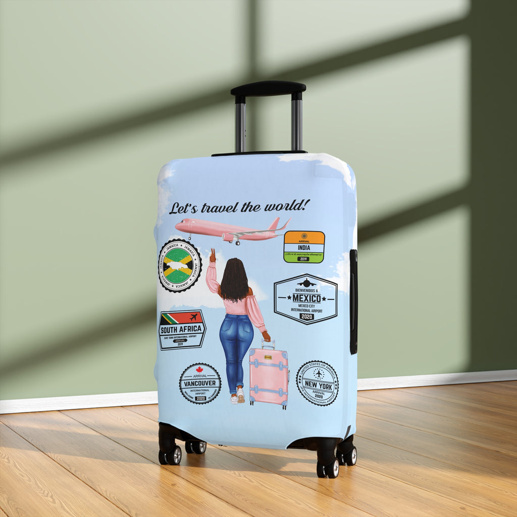 Travel Luggage Cover — "Let's Travel the World" Inspirational Passport Stamp Design