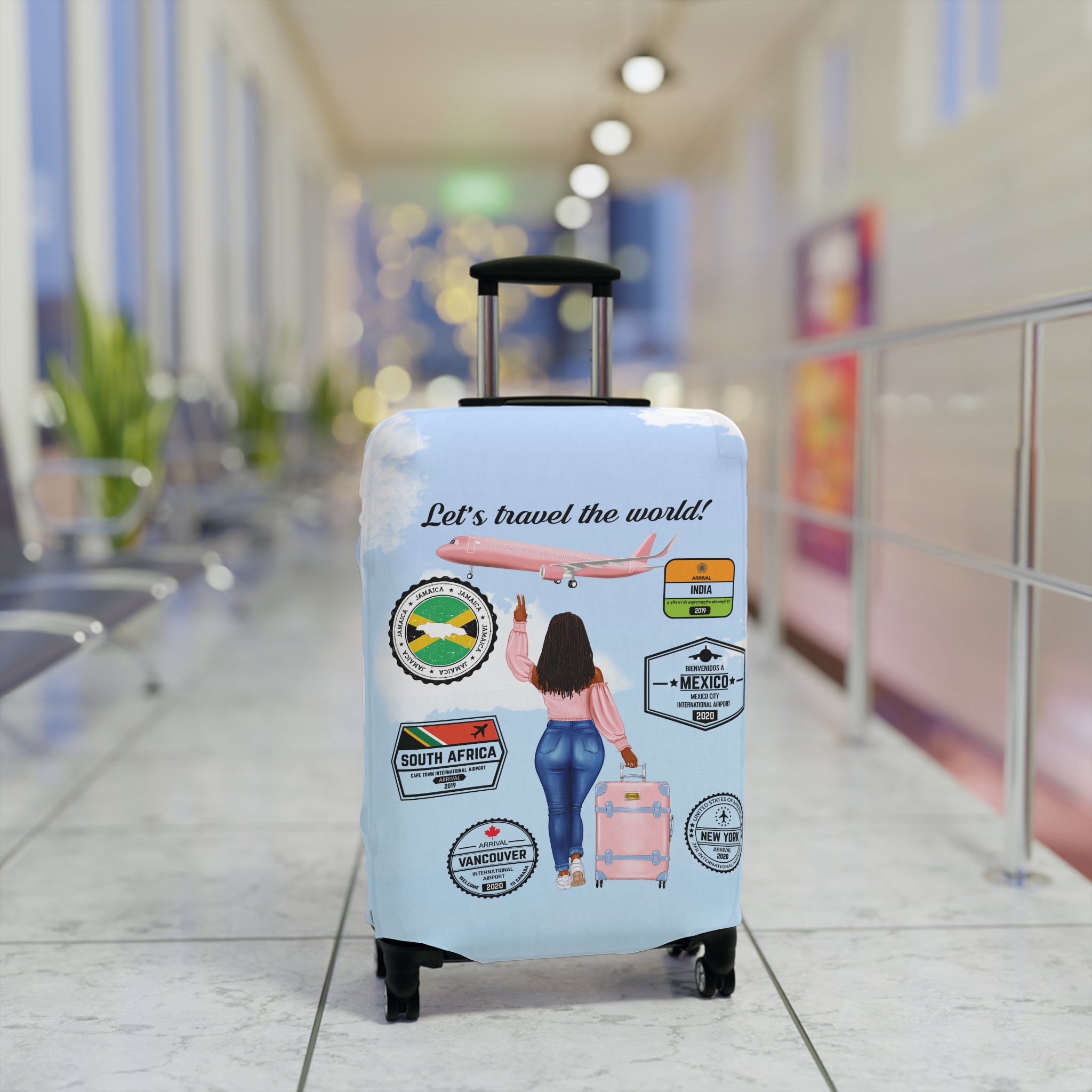 Travel Luggage Cover — "Let's Travel the World" Inspirational Passport Stamp Design