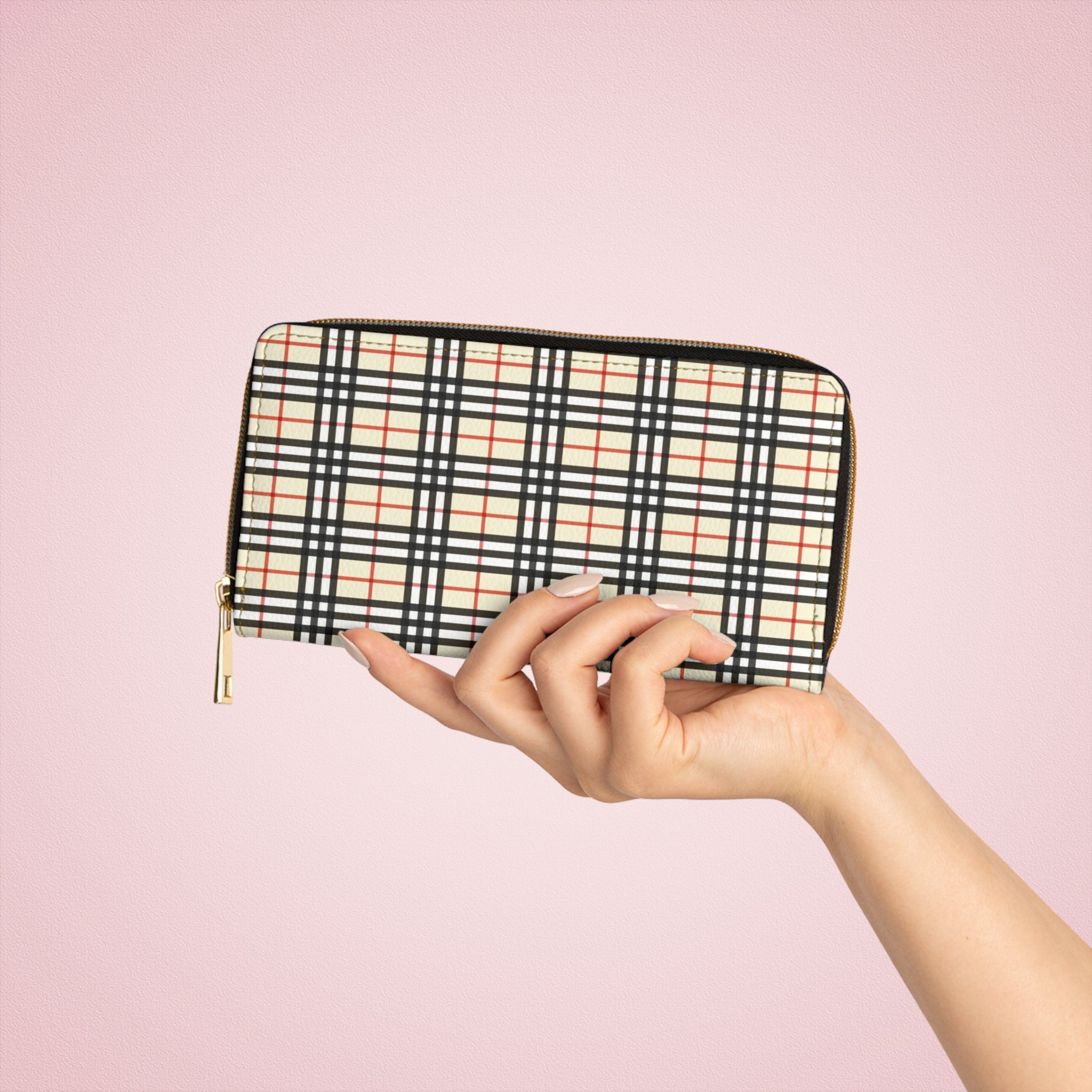 Zipper Wallet, Beige Wallet, Plaid Wallet