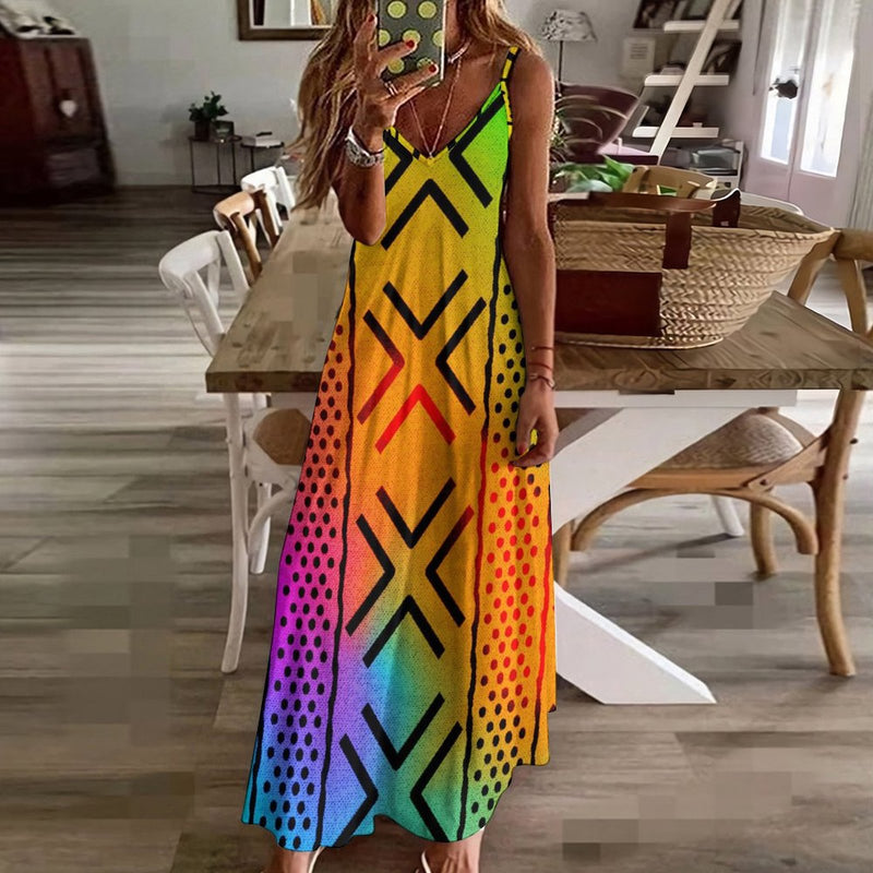 Spaghetti Strap Ankle-Length Dress, Rainbow African Print