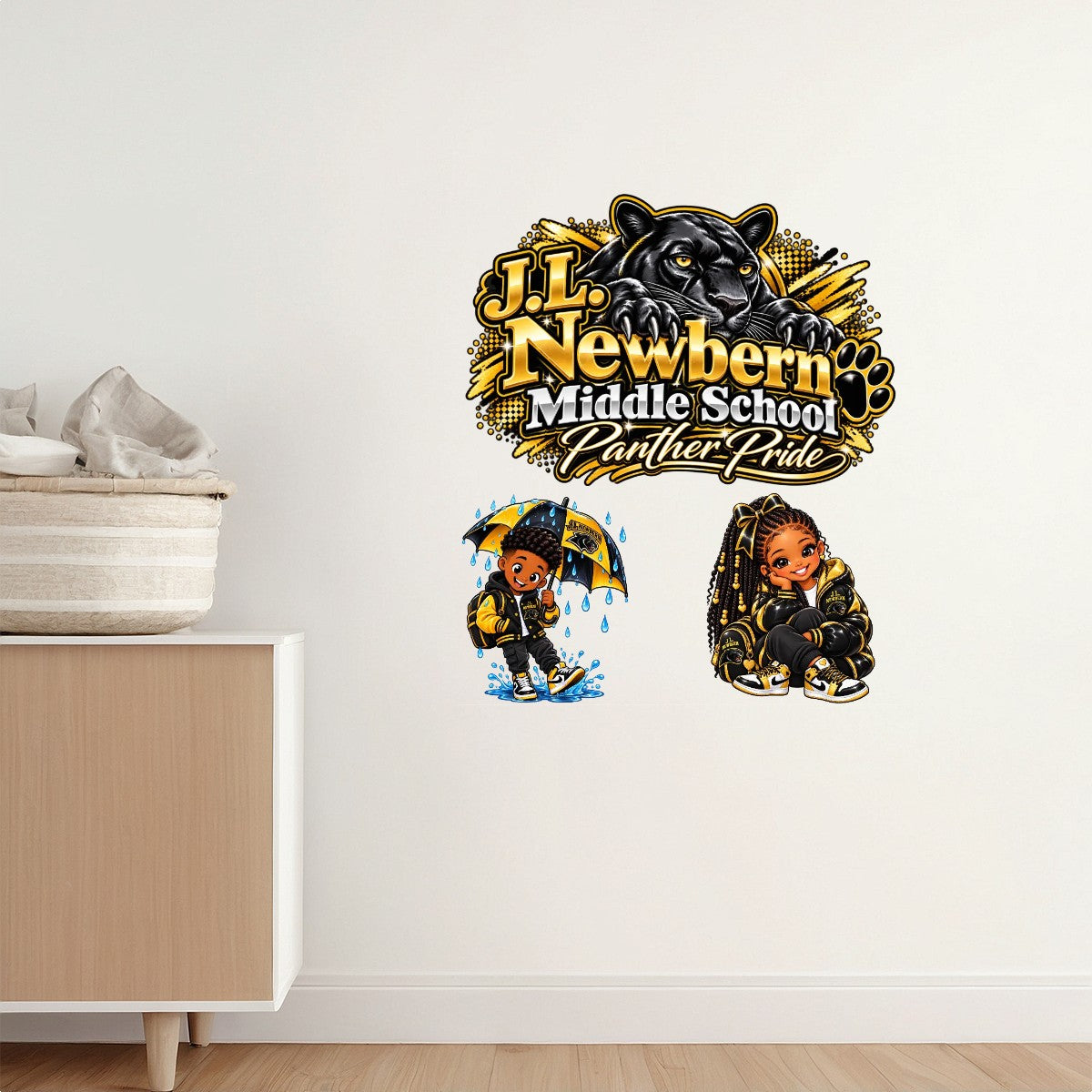 Small PVC Stickers (UV) 20"x24" Cheerful J.L. Newbern Rainy Day Sticker Chilly Days Warm Hearts Sticker Glossy BlackandGold School Spirit Girl J.L. Newbern Panther Pride Mascot