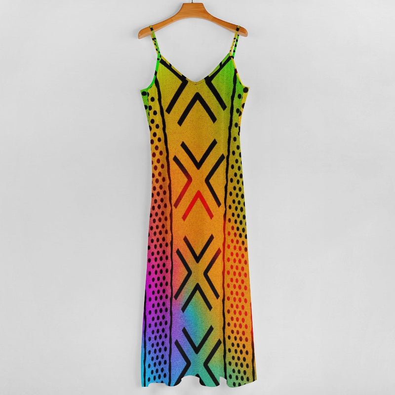 Spaghetti Strap Ankle-Length Dress, Rainbow African Print
