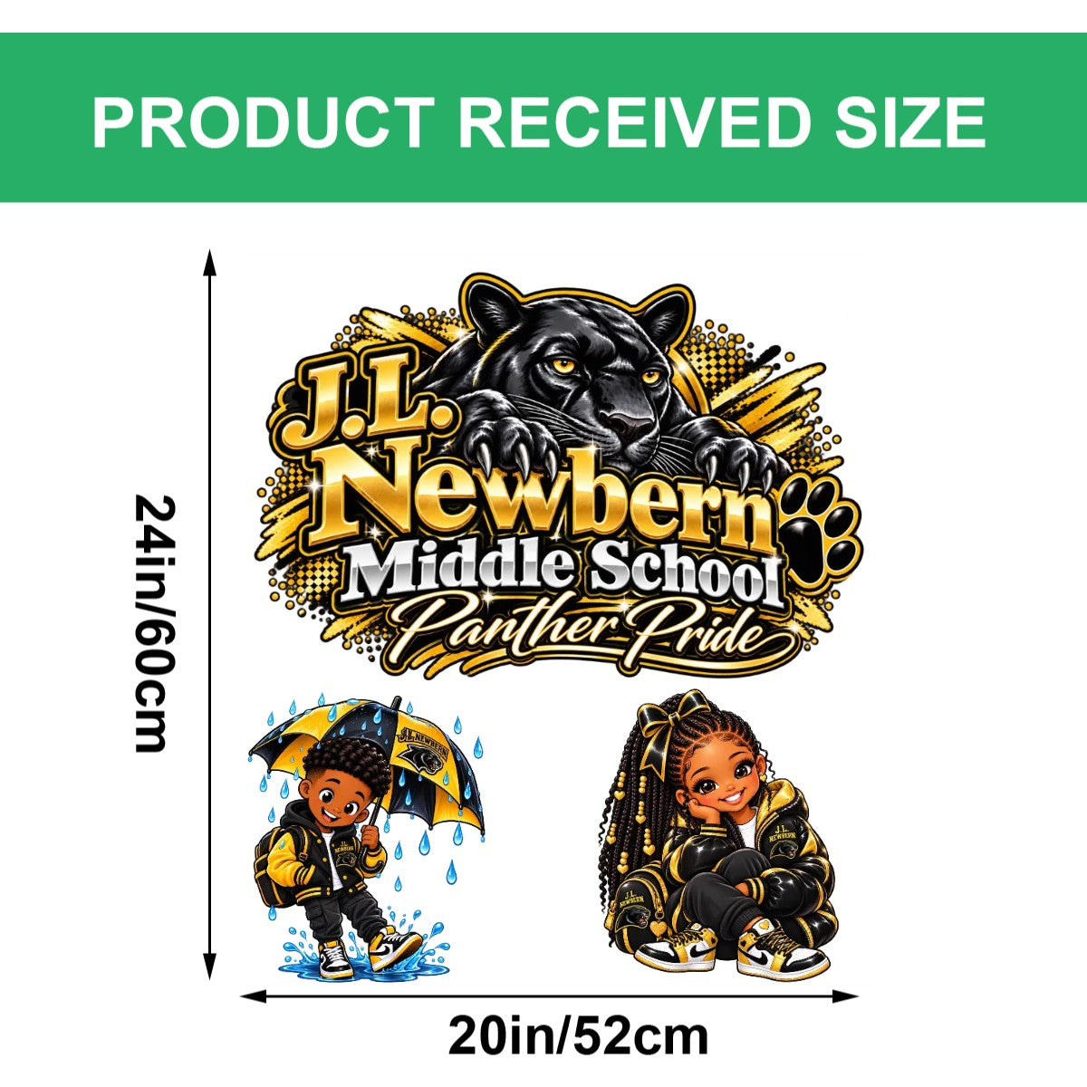 Small PVC Stickers (UV) 20"x24" Cheerful J.L. Newbern Rainy Day Sticker Chilly Days Warm Hearts Sticker Glossy BlackandGold School Spirit Girl J.L. Newbern Panther Pride Mascot