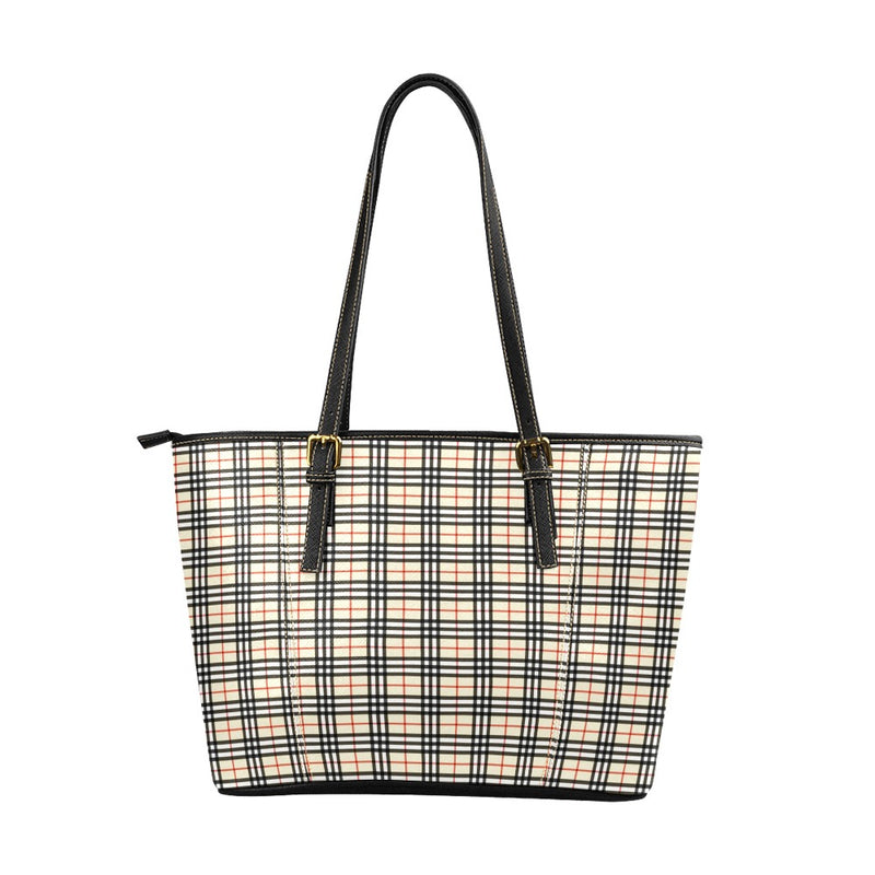 Plaid Beige Leather Tote Bag/Large