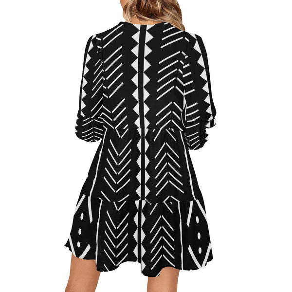 Black and White Aztec Print V-Neck Loose Fit Dress