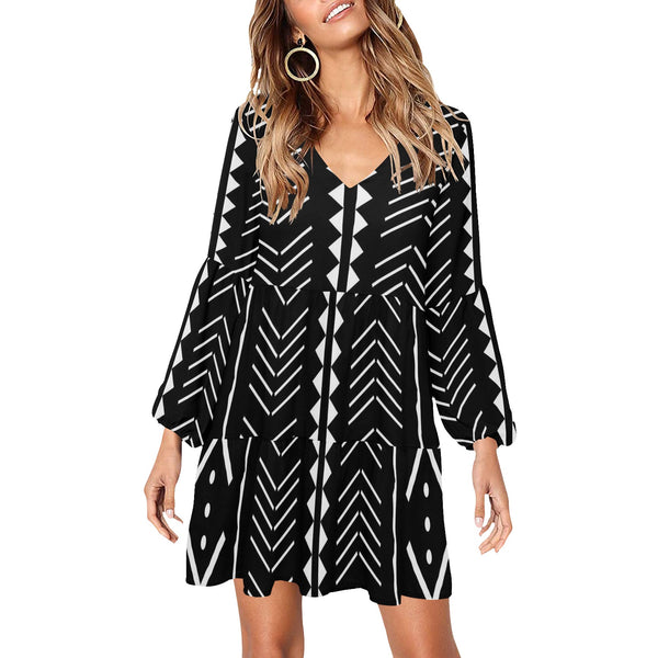 Black and White Aztec Print V-Neck Loose Fit Dress