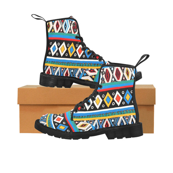 African Print, Masai Inspired Martin Boots for Women (Black)