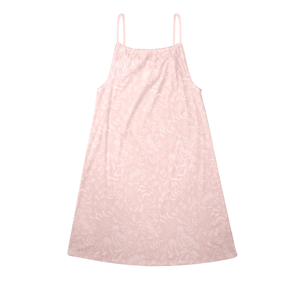 Pink Flower Design Drawstring Neck Sleeveless Dress