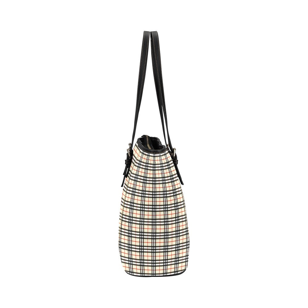 Plaid Beige Leather Tote Bag/Large