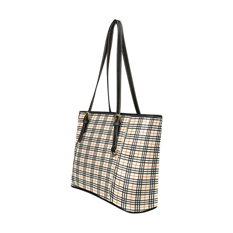 Plaid Beige Leather Tote Bag/Large