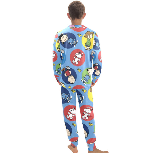 Multicolor Cartoon Print Big Boys' Crew Neck Long Pajama Set