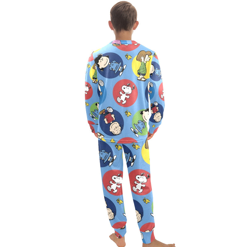 Multicolor Cartoon Print Big Boys' Crew Neck Long Pajama Set