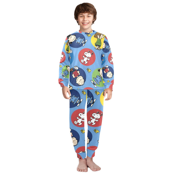 Multicolor Cartoon Print Big Boys' Crew Neck Long Pajama Set