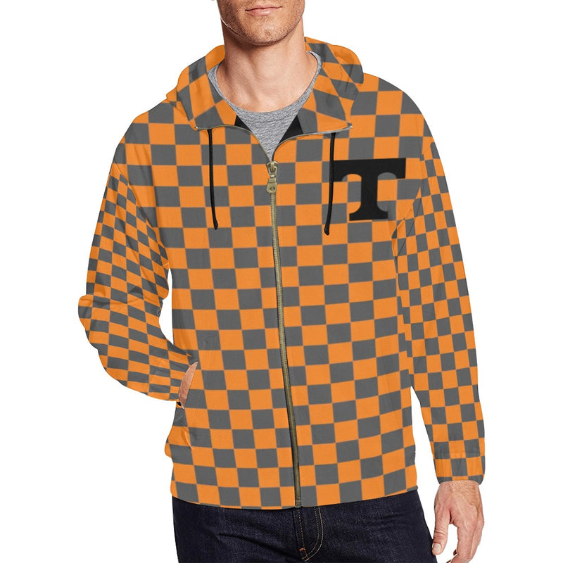Orange Checkered All Over Print Full Zip Hoodie for Men (Model H14)