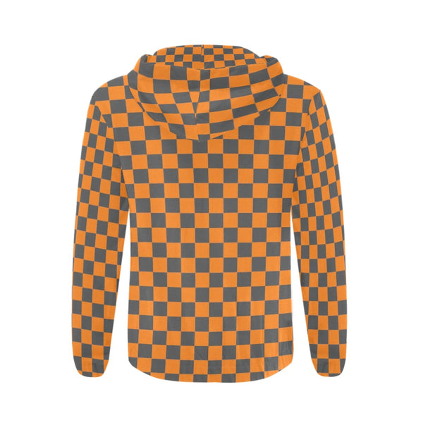 Orange Checkered All Over Print Full Zip Hoodie for Men (Model H14)