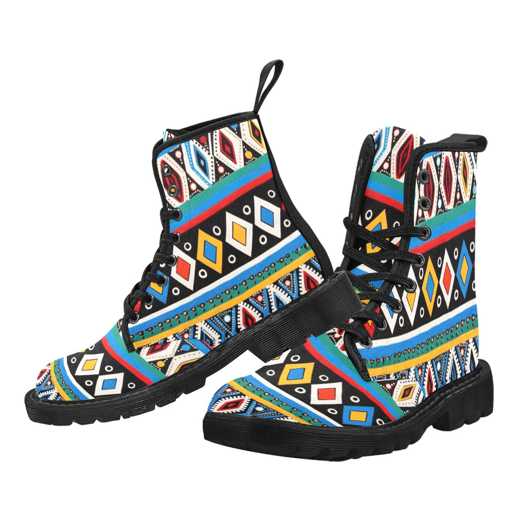 African Print, Masai Inspired Martin Boots for Women (Black)