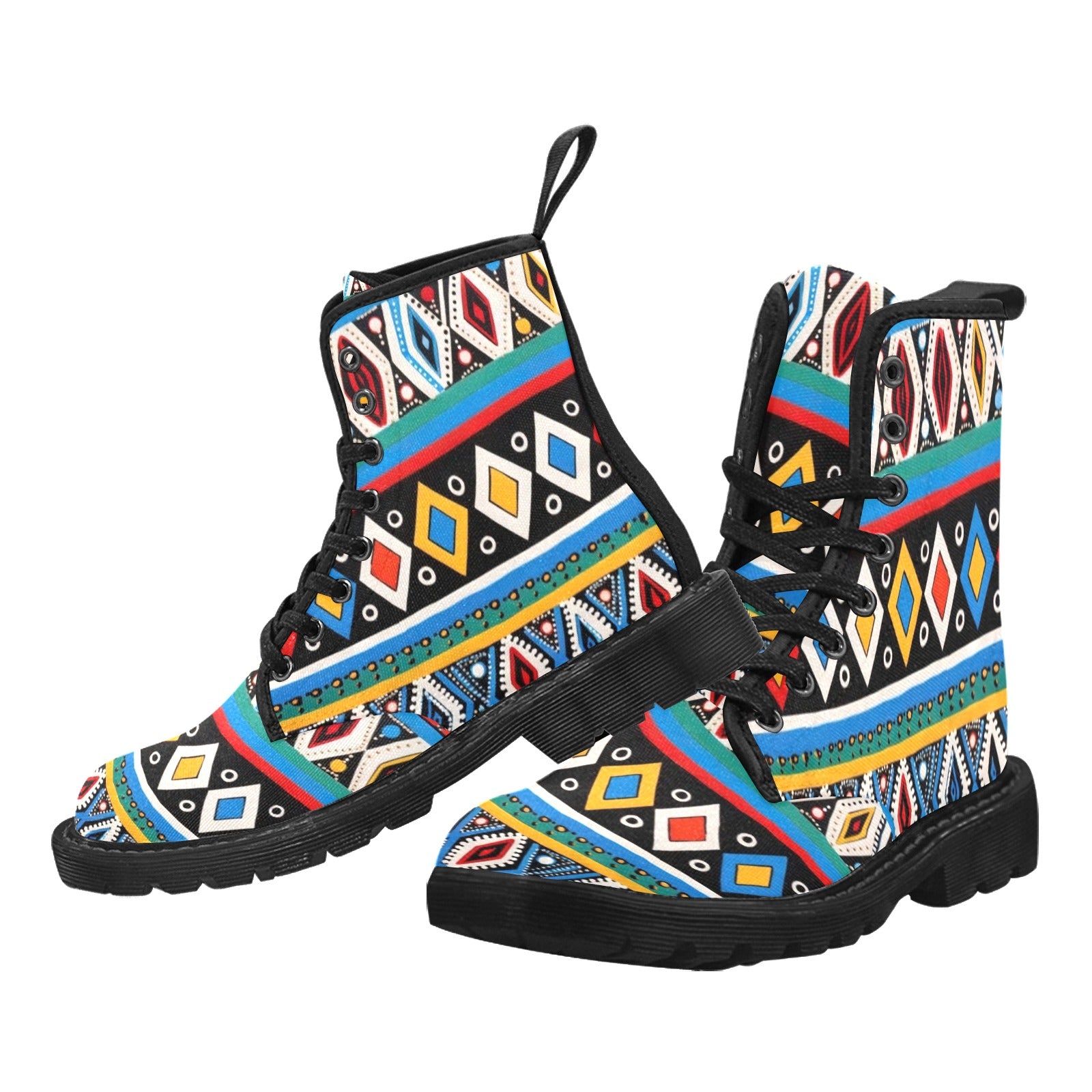 African Print, Masai Inspired Martin Boots for Women (Black)