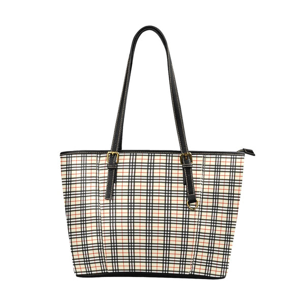 Plaid Beige Leather Tote Bag/Large