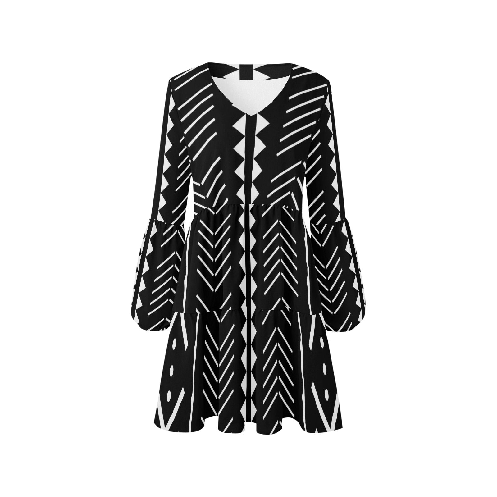 Black and White Aztec Print V-Neck Loose Fit Dress