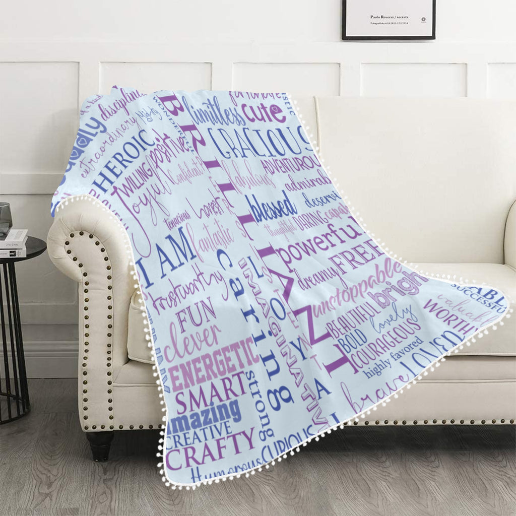 Positive Affirmations Purple Pom Pom Fringe Blanket 60"x80"