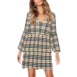 Plaid Beige V-Neck Loose Fit Dress