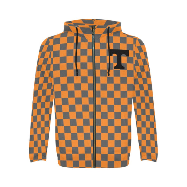 Orange Checkered All Over Print Full Zip Hoodie for Men (Model H14)