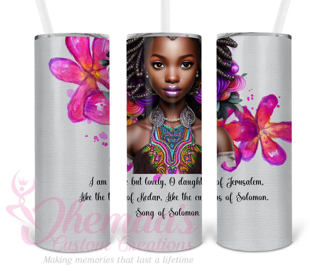 20 oz Skinny Tumbler, Black Princess, Tumbler, Inspirational Tumbler, Silver Tumbler